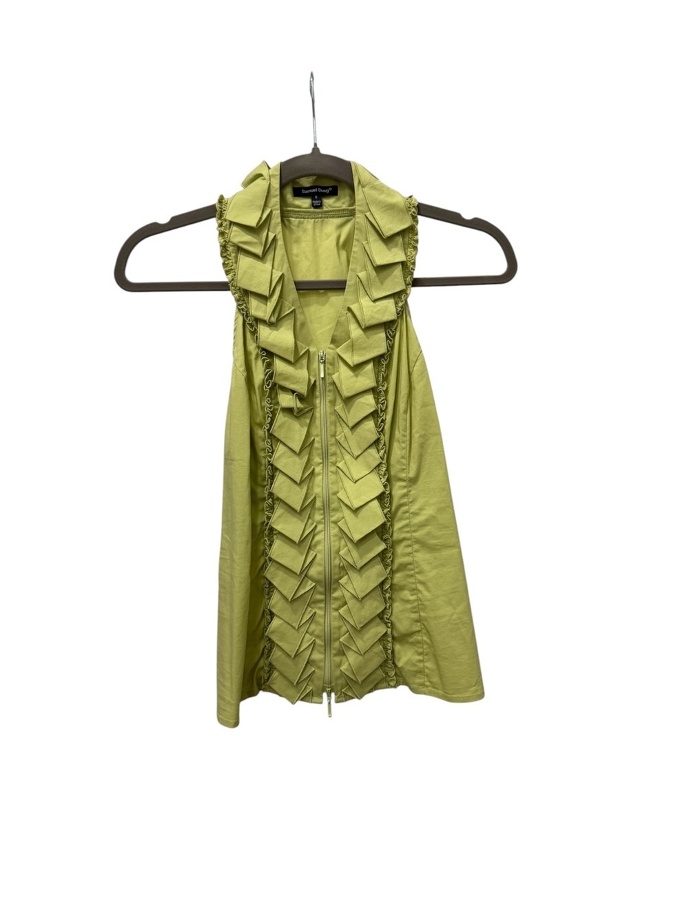 Samuel Dong Lime Green Ruffle Zip Front Sleeveless Top Size Small
